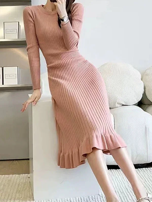 Long Sleeves Loose Ruffled Solid Color Round-Neck Midi Dresses Sweater Dresses