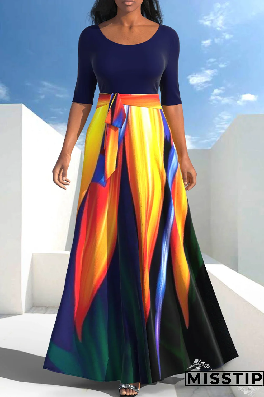 Blue Black Casual Patchwork Tie-dye O Neck Dresses