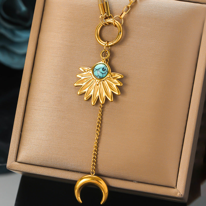 Fashion Retro Long Tassel Moon Pendant Stainless Steel Fan-Shaped Turquoise Accessories Chain Necklace Female
