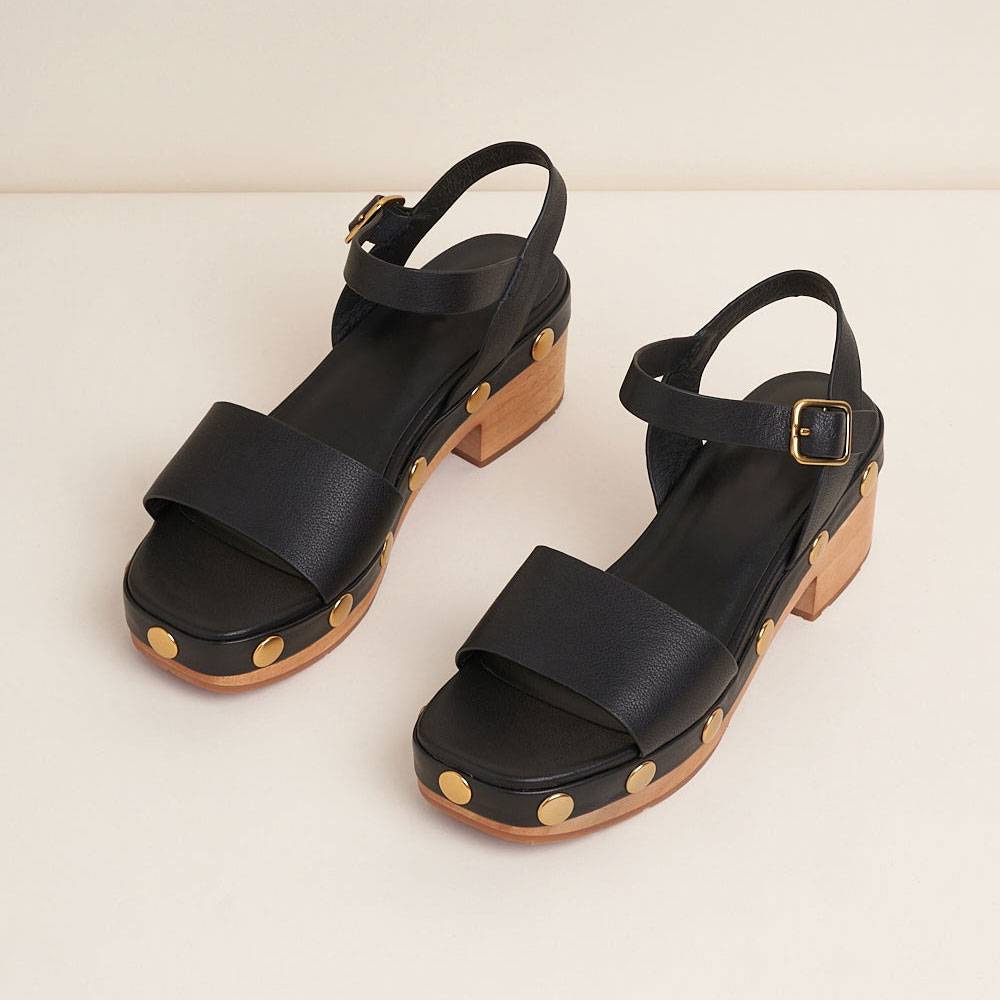 Ankle Strap Block Heel Studded Black Platform Sandals for Women Nicepairs