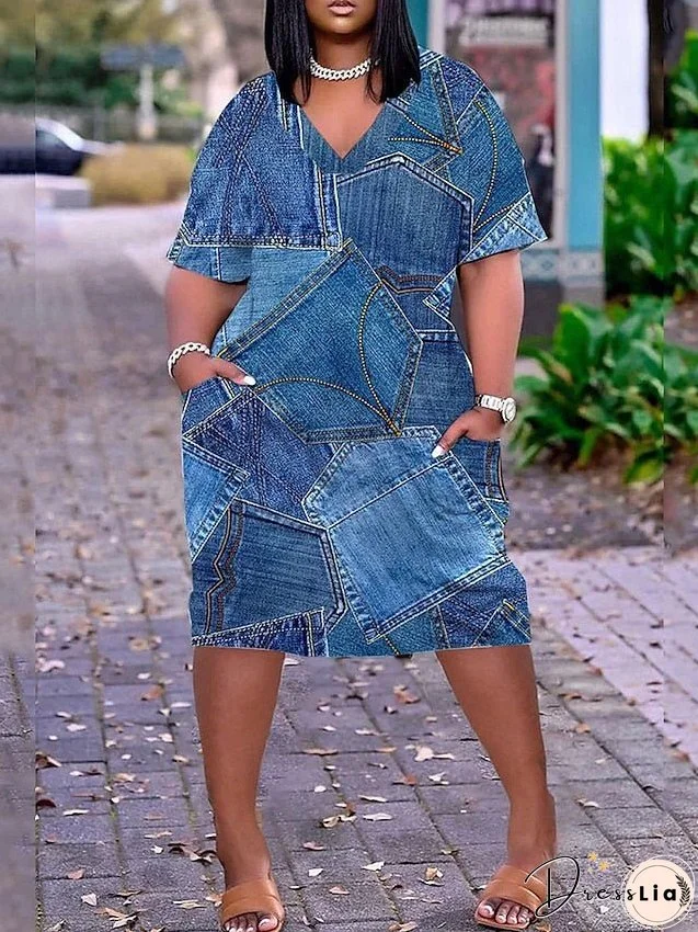 Plus Size Casual Dress Geometric Plaid Midi Dress Short Sleeve Pocket Print V Neck Fashion Outdoor Navy Blue Blue Summer Spring L XL XXL 3XL 4XL for Women