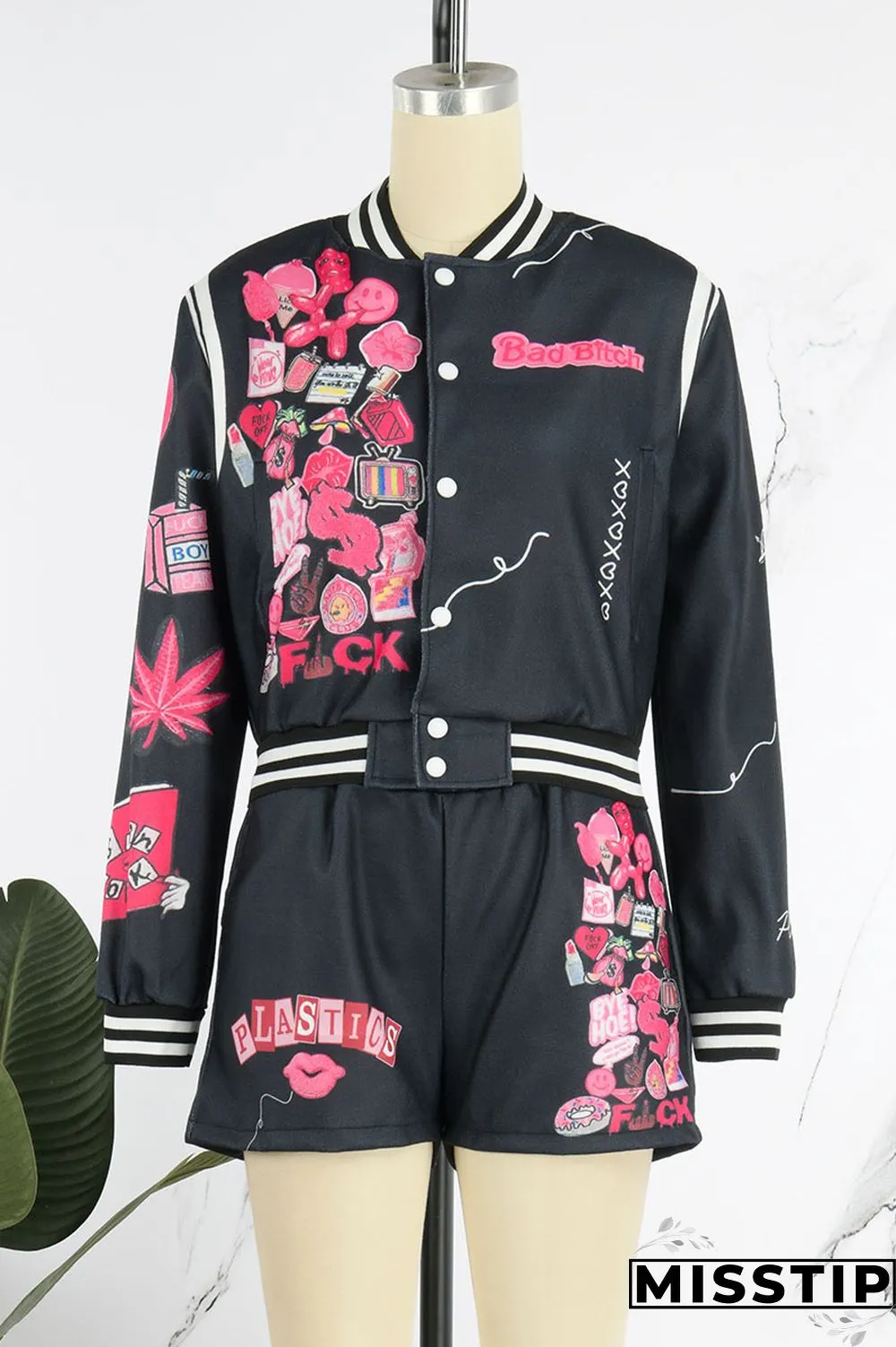 Cream White Casual Print Patchwork Buckle Long Sleeve Two Pieces