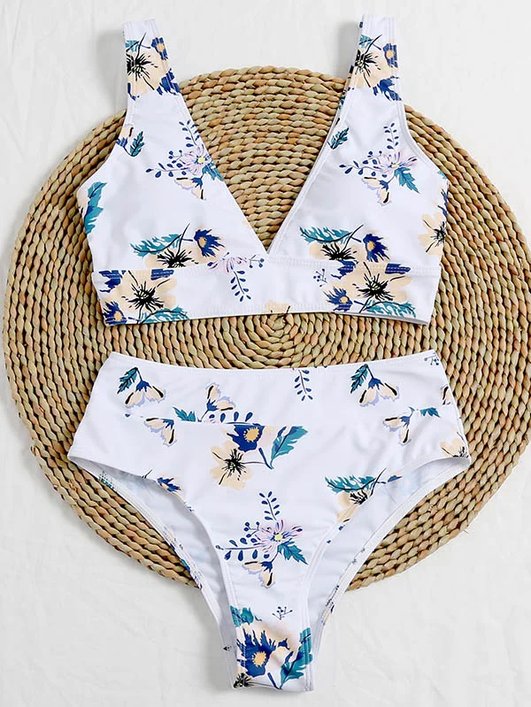 Floral-Print Deep V-Neck Split Bikini Swimsuit