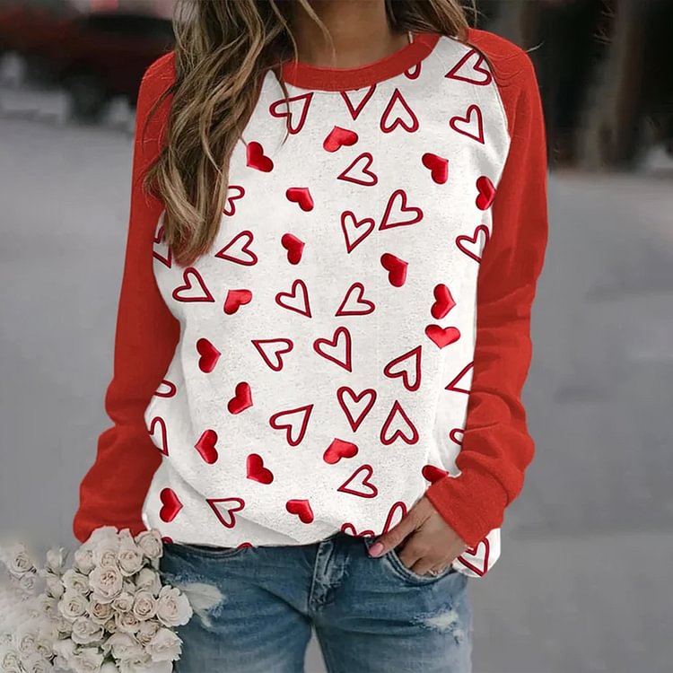 Comstylish Love Printed Round Neck Color Block Long Sleeve Sweatshirt