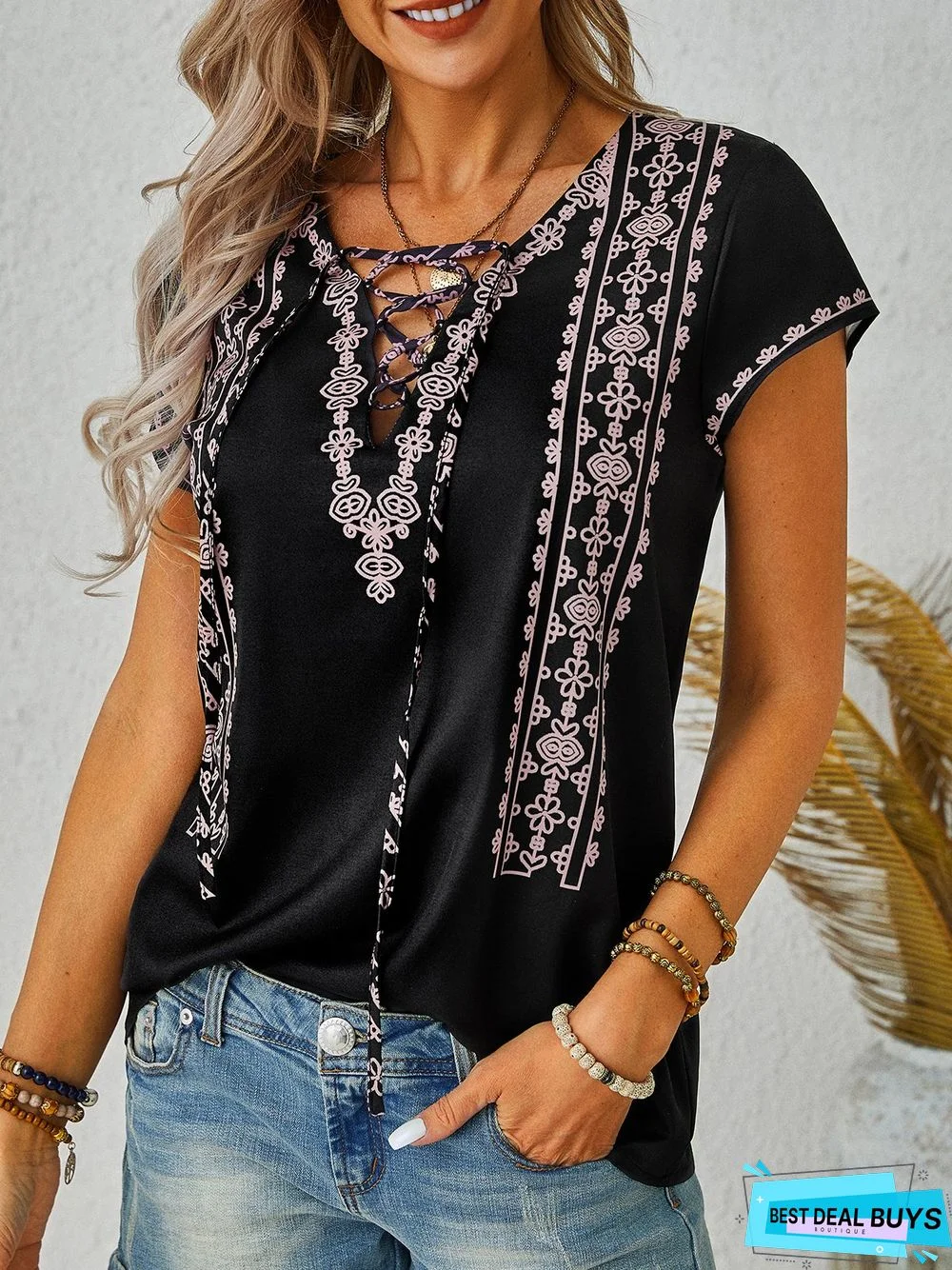 Tribal Floral Geometric Printed Boho Loosen Lace-Up V Neck Cross Short Sleeve Top