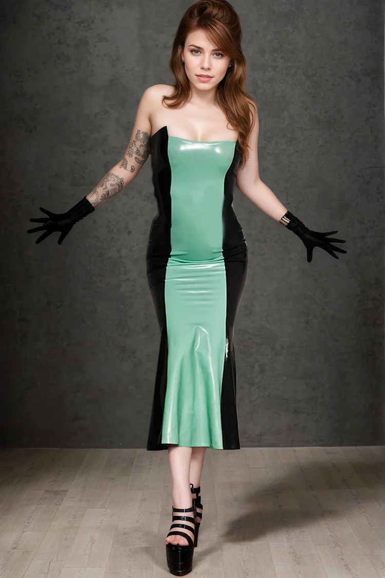 Women Latex Dress Low-Cut Strapless Green Gown