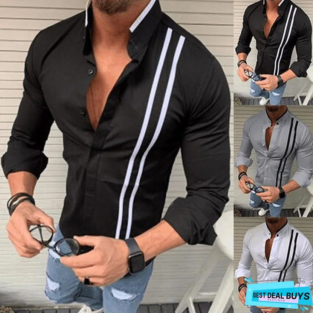 Men's Striped Solid Color Long Sleeve Shirt