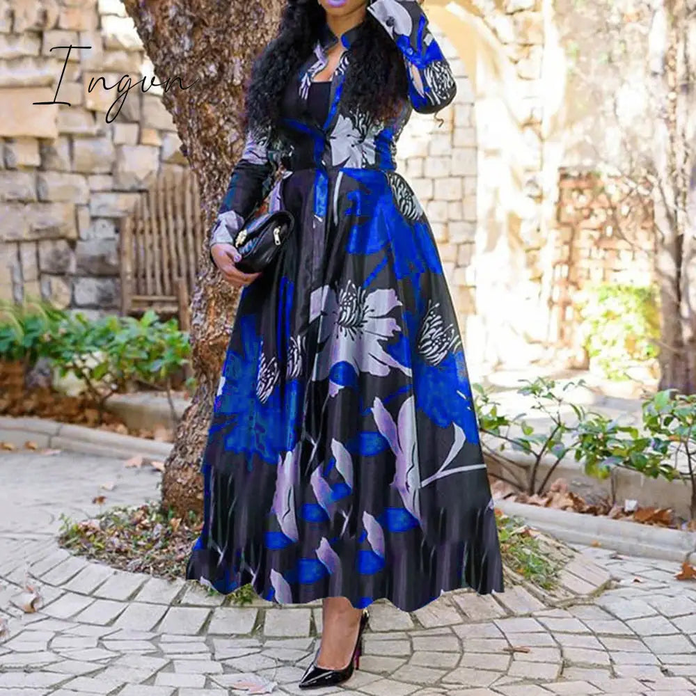 Ingvn - Women Vintage Floral Printed Long Sleeve Summer Dress Retro Plus Size Office Maxi Vestidos