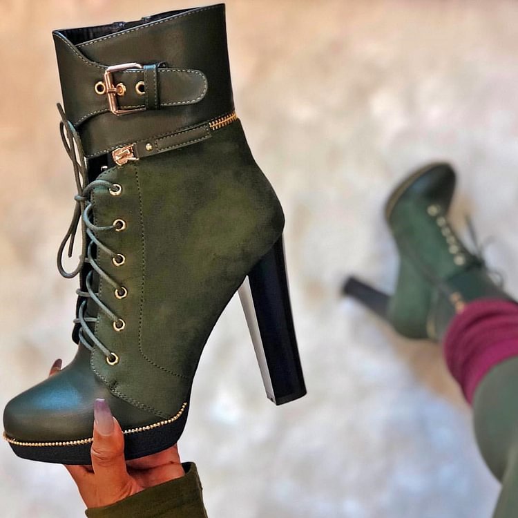 Dark Green Suede Lace Up Boots Platform Chunky Heel Ankle Boots |FSJ Shoes