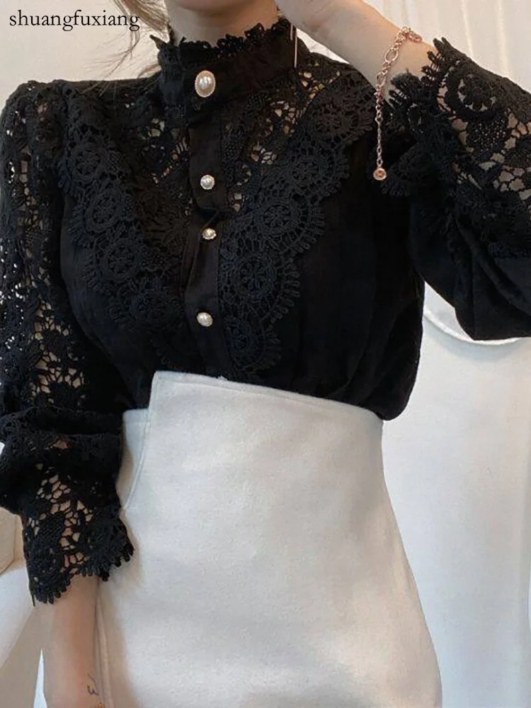 Jangj Sexy White Lace Patchwork Shirt Blouse Spring Fall Fashion Long Sleeve Hollow Out Vintage Slim Shirts Black Button Tops Femme