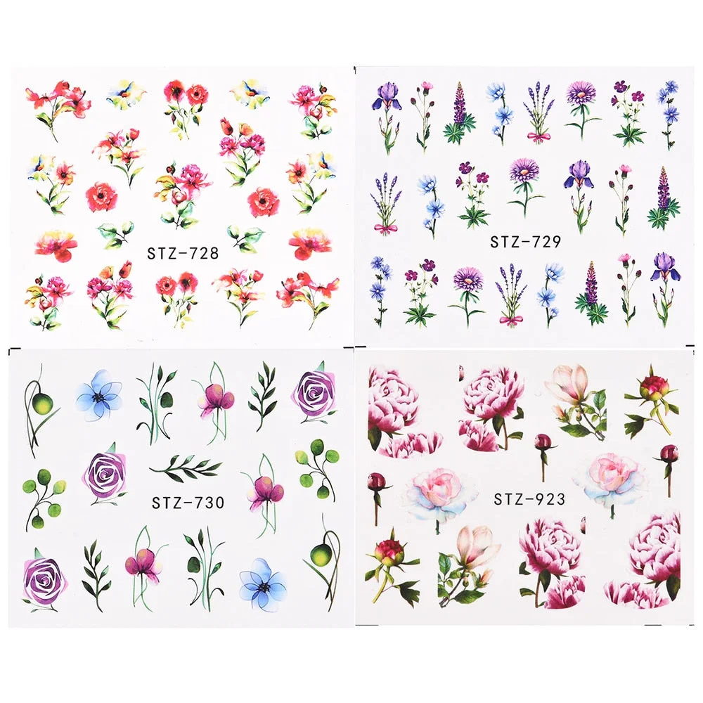 Coloful Flower Leaf 3D Stickers on Nails Decoration Tattoo Water Decals Nail Sticker UV Gel Slider Manicure Wraps-Nail Inspo