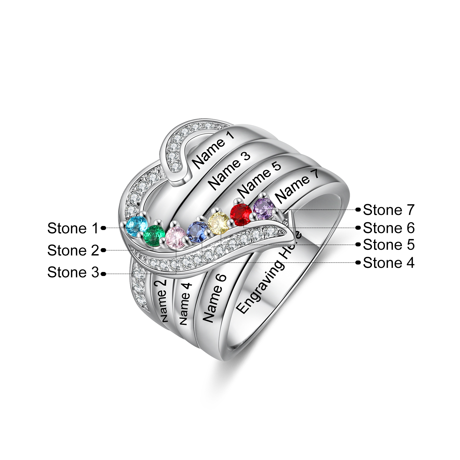 Anello d'argento 925 cuore con 7 nomi e 7 pietre di nascita e 1 testo personalizzati regalo per donna