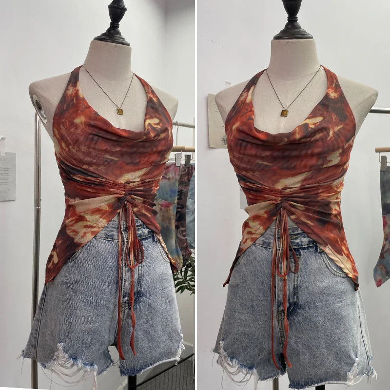 Brownm Real Shooting Holiday Wind Hanging Neck Collar Collar Tidling Strap Sling Vest Tie Mesh Yarn Short Sleeveless Top 9926