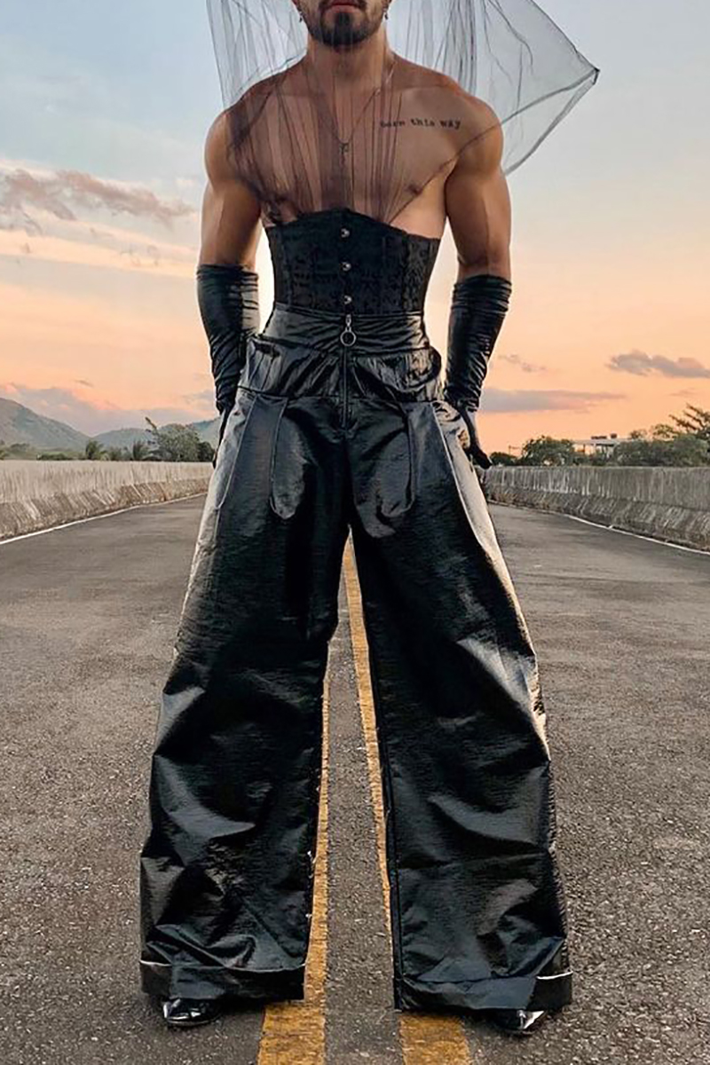 Ciciful Men's PU Leather High Waist Festival Wide-Leg Pants