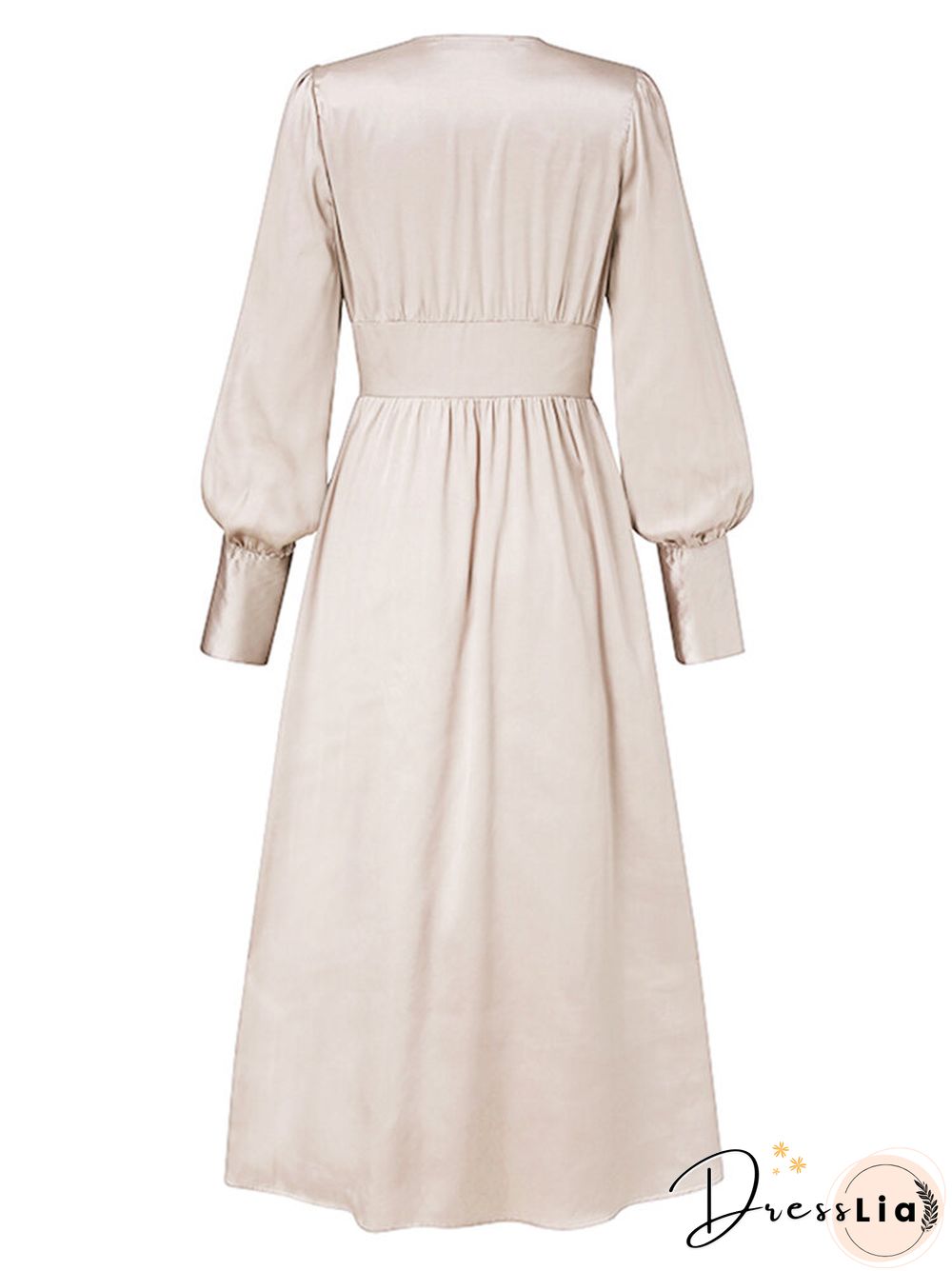 Solid Color Patchwork Puff Sleeves V-neck Satin Casual Dress