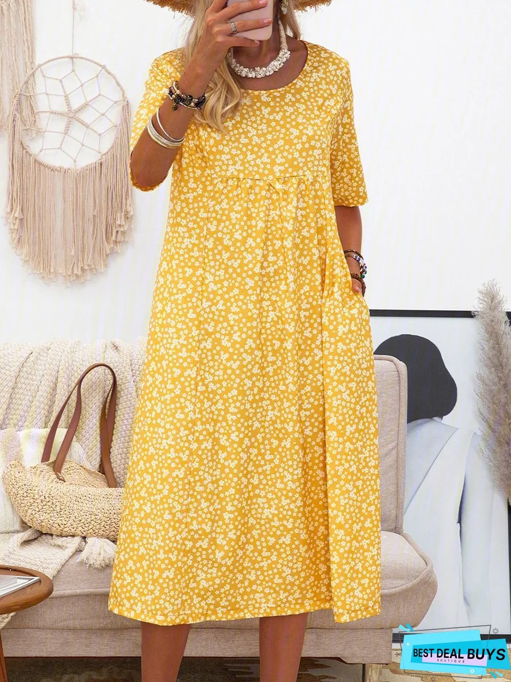 Women Casual Flora-Print Short Sleeve Casual Dress