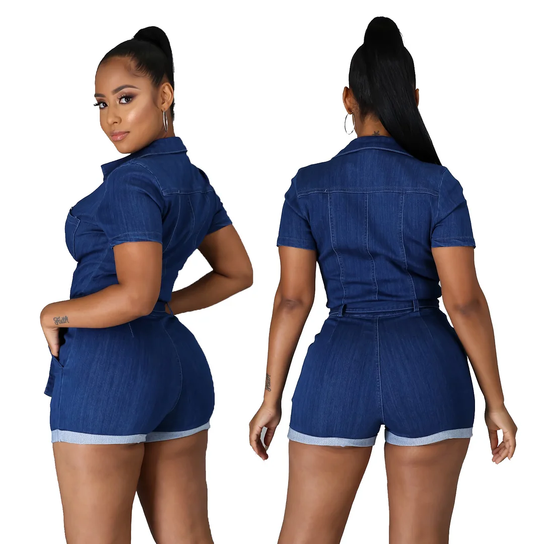 Women's Denim Romper Short Sleeve Lapel Zipper Denim Jumpsuit Overall