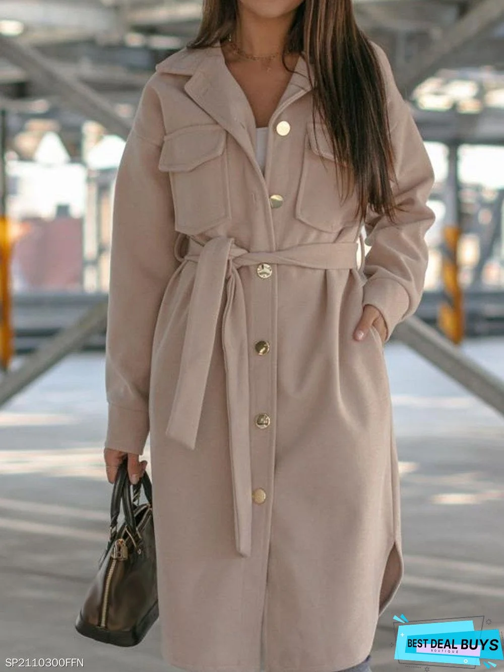 Fashion Plain Lapel Belted Woolen Coat