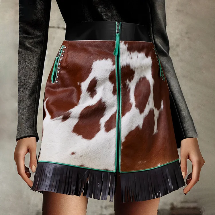 Ursime Cow Pattern Fringe Zipper PU Leather Mini Skirt