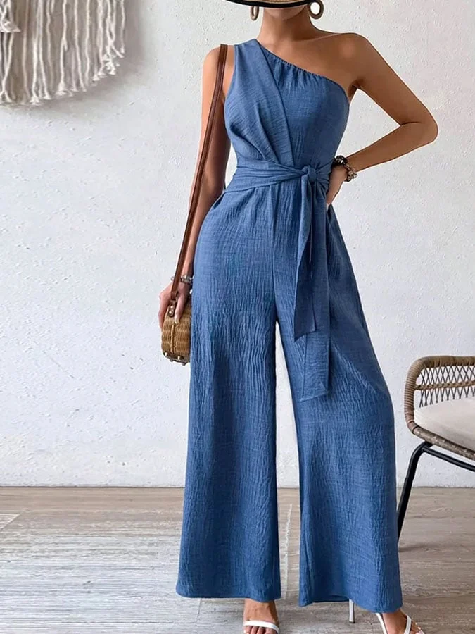 Women'S Casual Solid Color Off-Shoulder Cotton And Linen Overalls