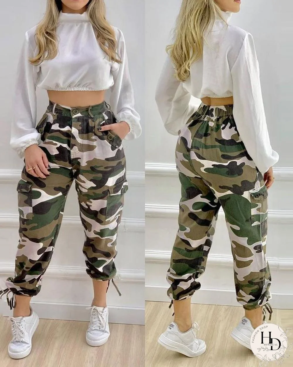 Camouflage Print Tied Detail Cargo Pants