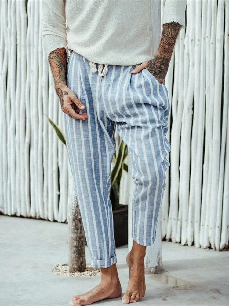 Mens holiday linen navy striped trousers