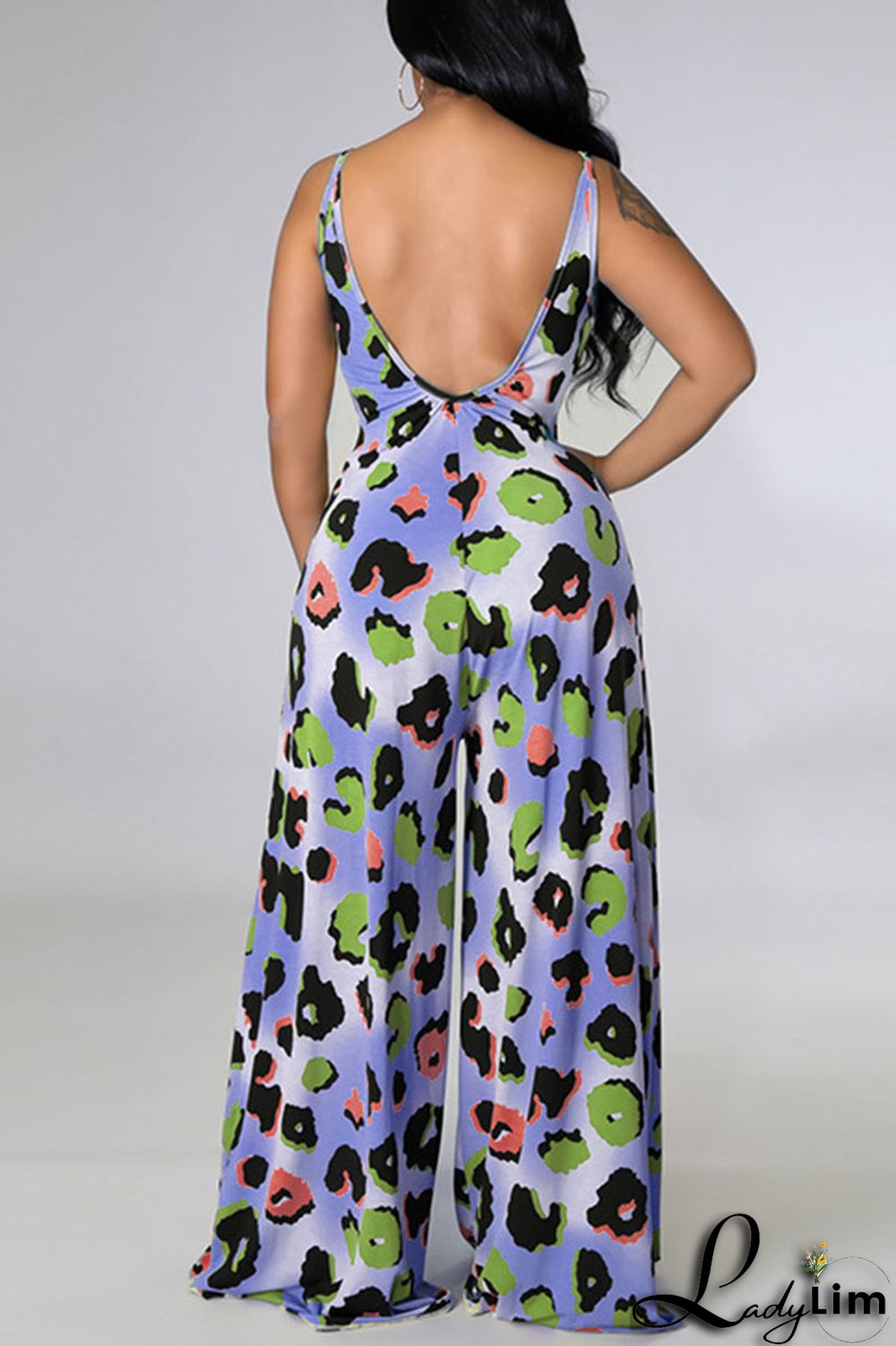 Blue Casual Print Split Joint Spaghetti Strap Straight Jumpsuits