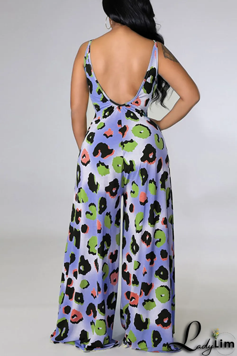 Blue Casual Print Split Joint Spaghetti Strap Straight Jumpsuits