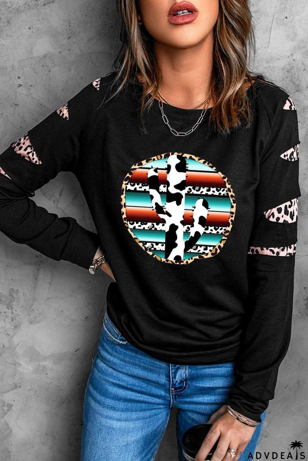 Cow Cactus Graphic Print Contrast Long Sleeve Sweatshirt