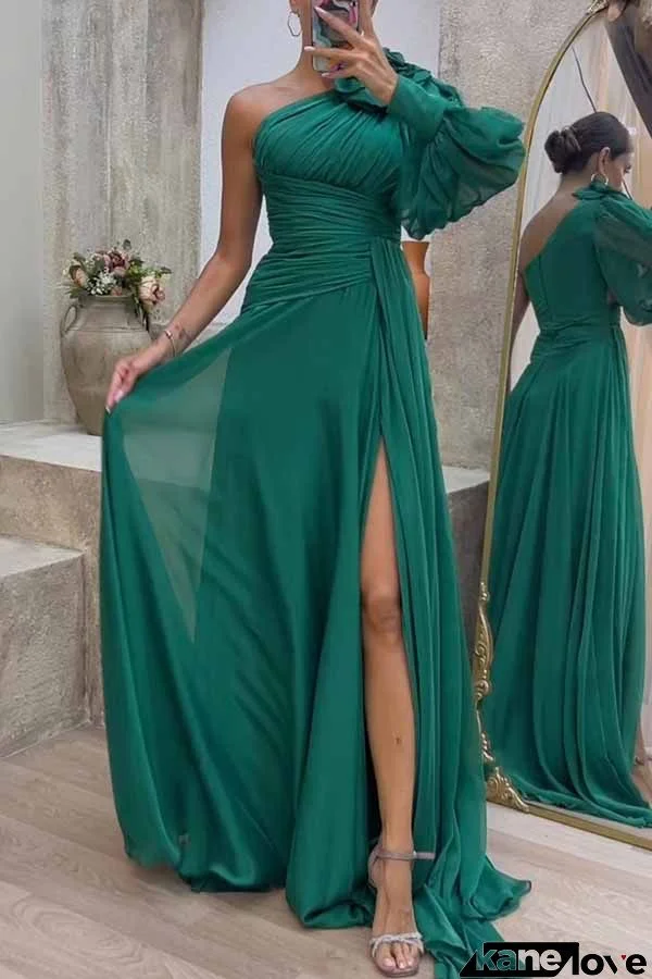 Pretty First Solid Color Floral Pleated One Shoulder Sleeve Slit Maxi Dress