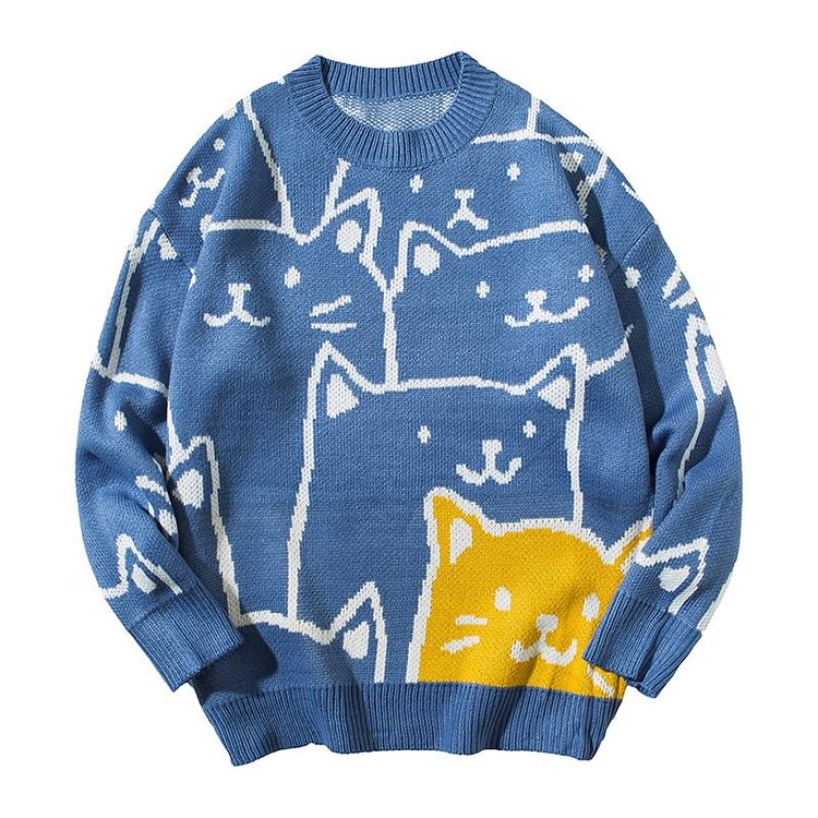 Cat Cartoon Loose Knitted Sweater - Modakawa Modakawa