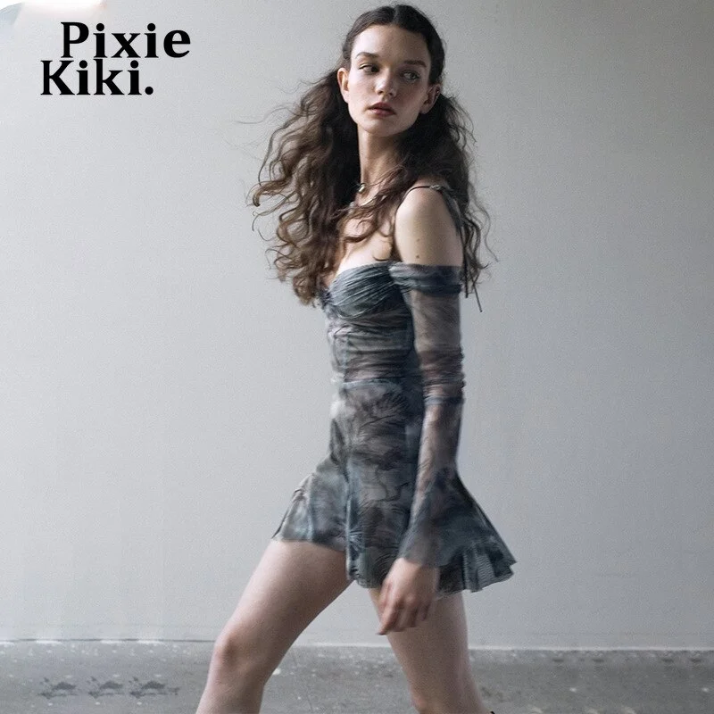 uveng Off The Shoulder Long Flare Sleeve Mini Dress Y2k Grunge Fairycore Mesh Dresses Viintage Clothes Women P95-FZ32