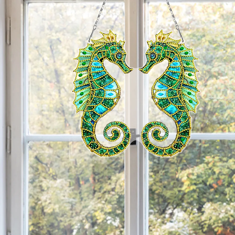 2D Flat Seahorse DIY Diamond Art Pendant Window Hanging Art for Home Wall Decor