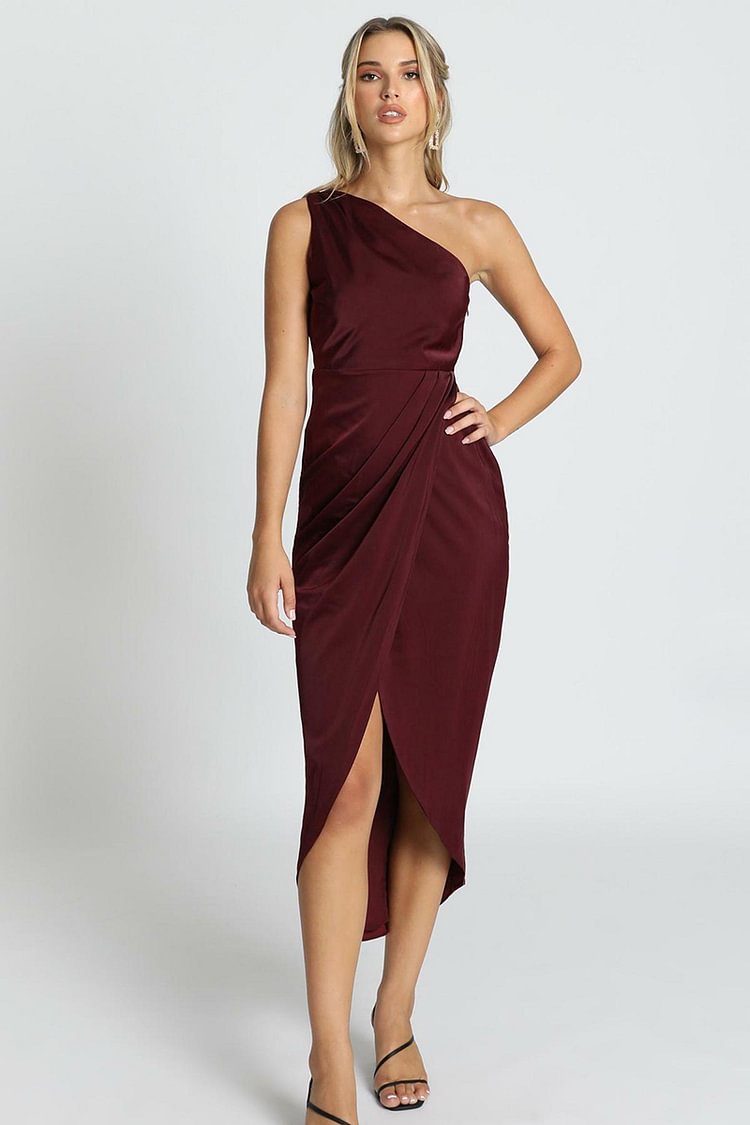 One Shoulder Irregular Hem Split Gown Midi Dresses