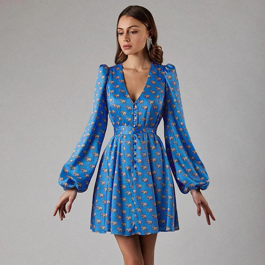 Fashion Sexy V-neck Lantern Sleeve Satin Printed Dress