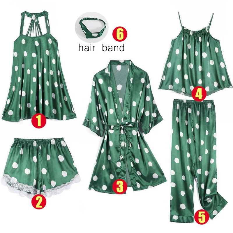 6PCS Women's Pajamas Sets Soft Pyjama Dot Pattern Women Sleepwear Sets Female Satin Spring Autumn Homewear Sexy Robe Nightwear