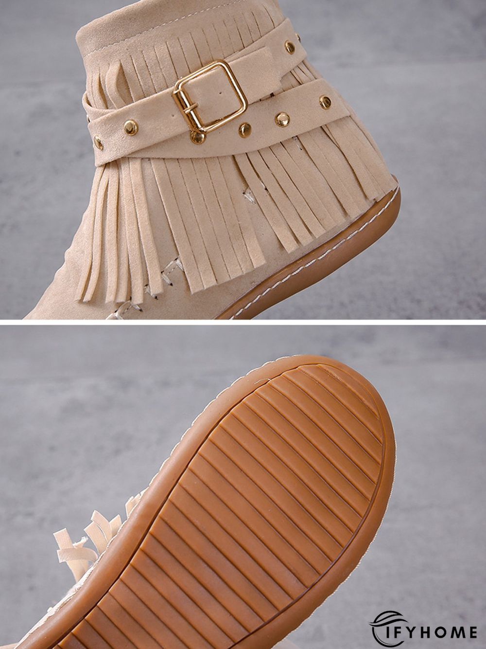 Vintage Fringe Studded Flat Round Toe Buckle Booties | IFYHOME