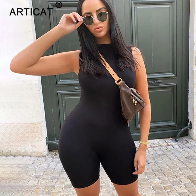 Articat Mock Collar Sleeveless Skinny Jumpsuit Women 2020 Summer Casual Bodycon Rompers Ladies Streetwear Bodysuit Clothes