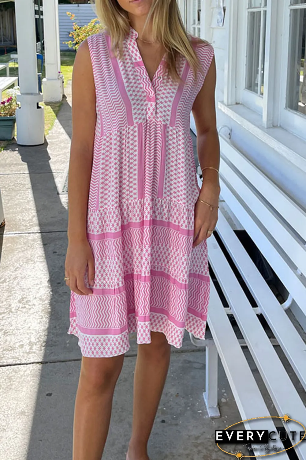 Casual Print Split Joint V Neck Straight Dresses(4 colors)