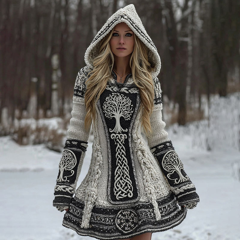 Women's Vegvisir Viking Life Of Tree Celtic Knot Knit Sweater Hooded Dress elevenforest