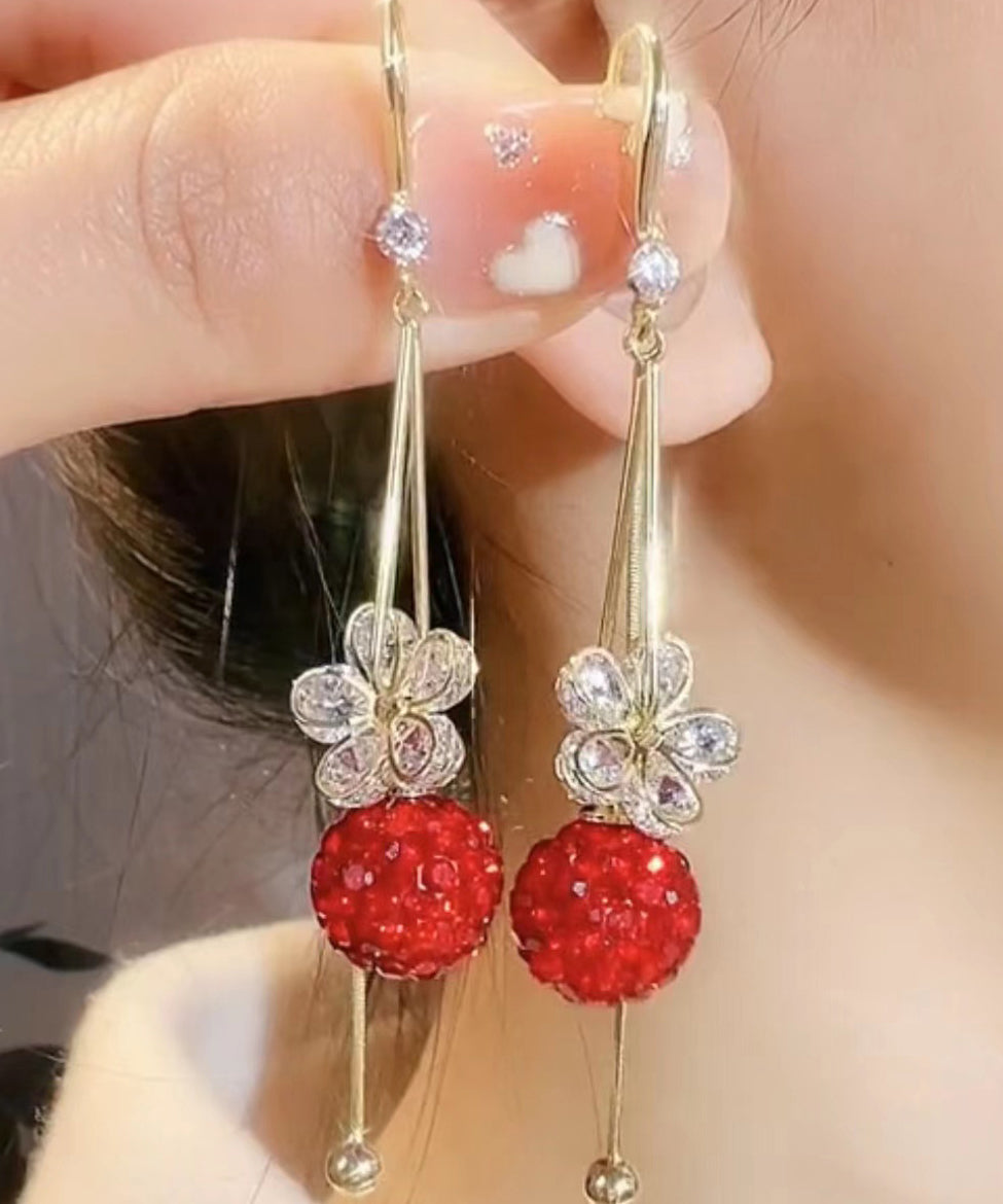 VCSHOES Gold Alloy Zircon Floral Ball Tassel Drop Earrings