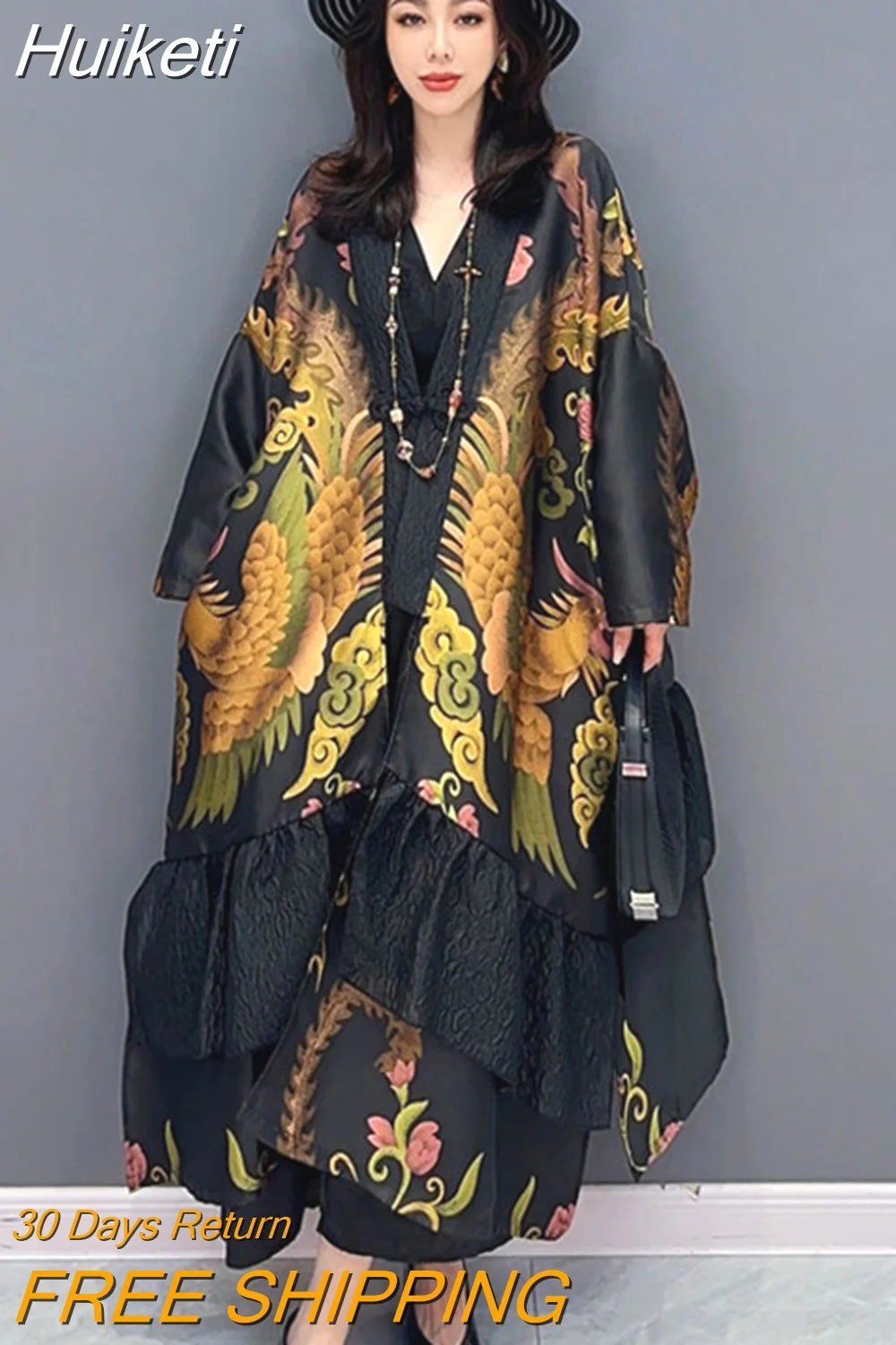 Huiketi Elegant Chic Loose Jacquard Cardigan Outerwear Women Fashion Long Trench Coat Women's 2023 Summer New Clothing 5R3493