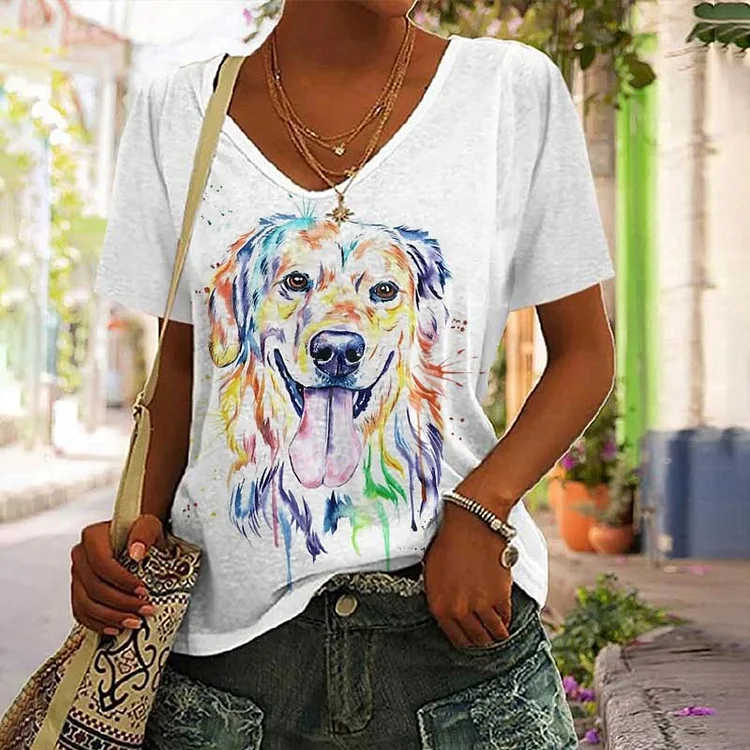 Cute Watercolor Dog Print Casual T-Shirt