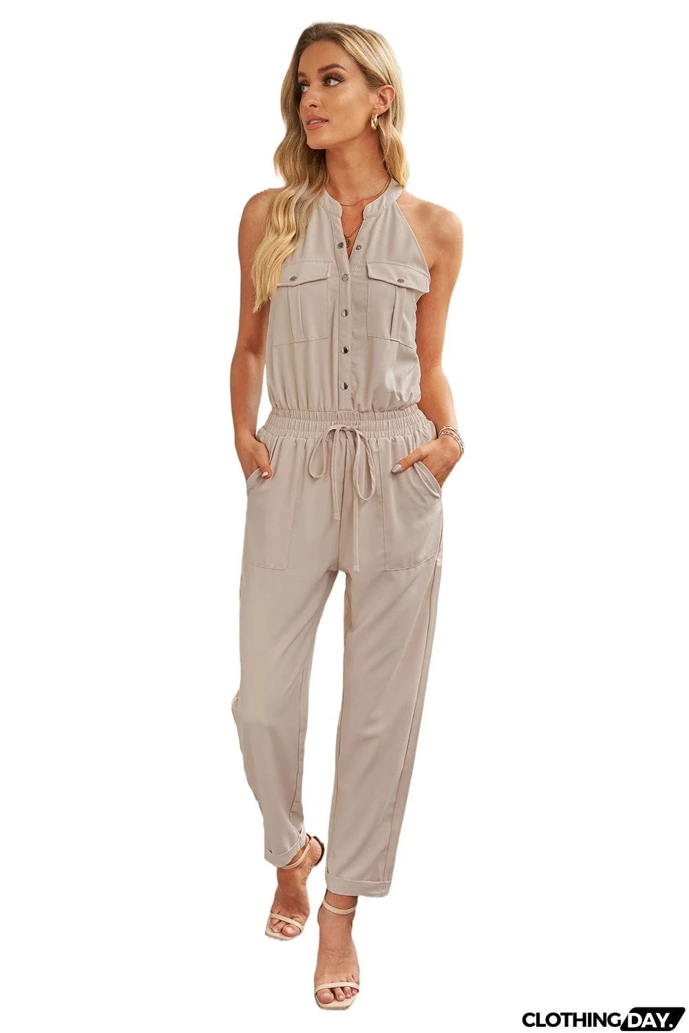 Apricot Button Front Patch Pockets Sleeveless Casual Jumpsuit