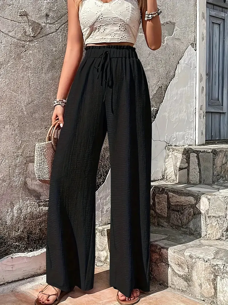 Brownm Color Casual Drawstring High Waist Pants