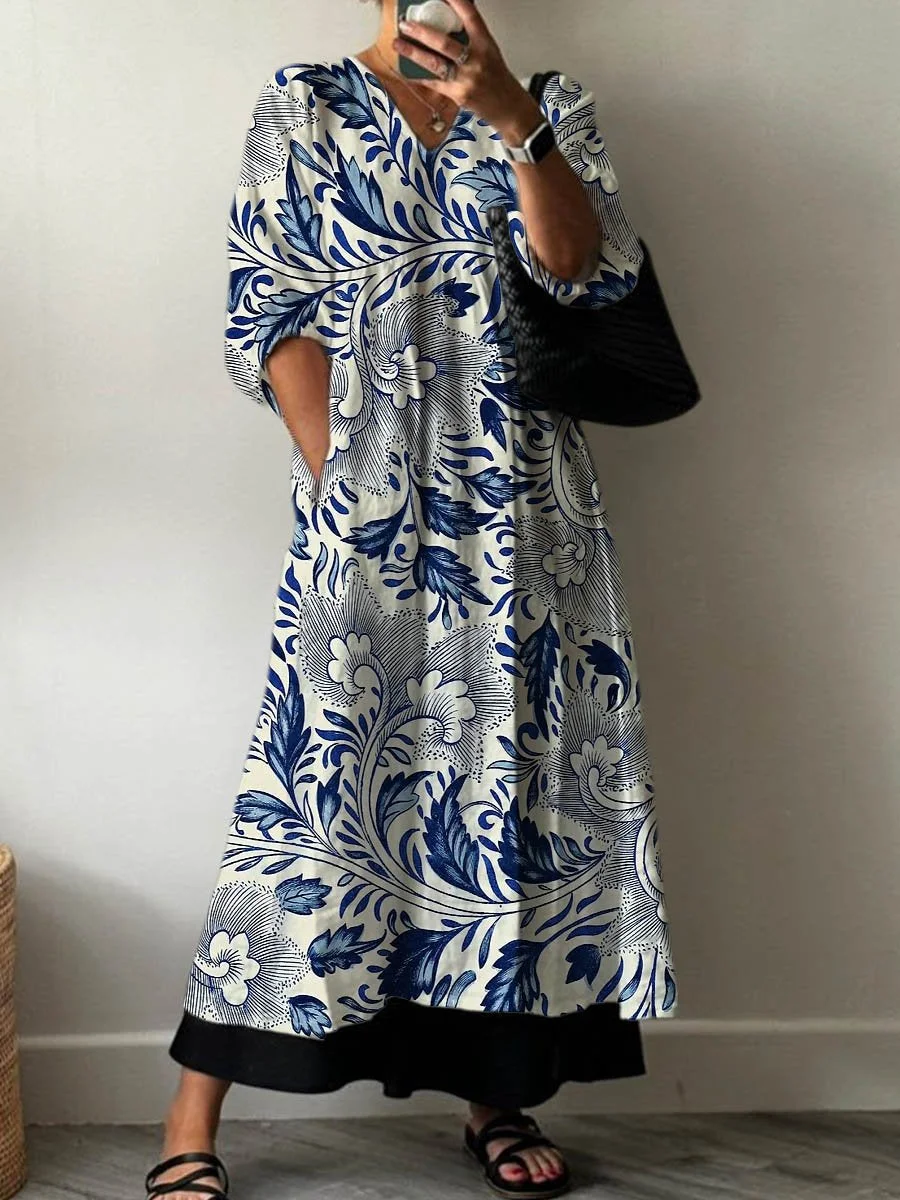 Women's Vintage Lovely Floral Art Print Pocket V-neck Cotton Dress