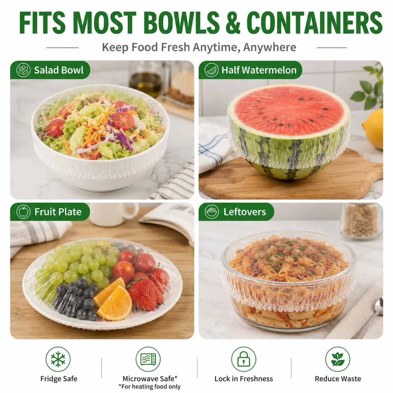 100 disposable elastic food lids, flexible kitchen dish lids, plastic wrap alternatives for food storage and leftover preservation.