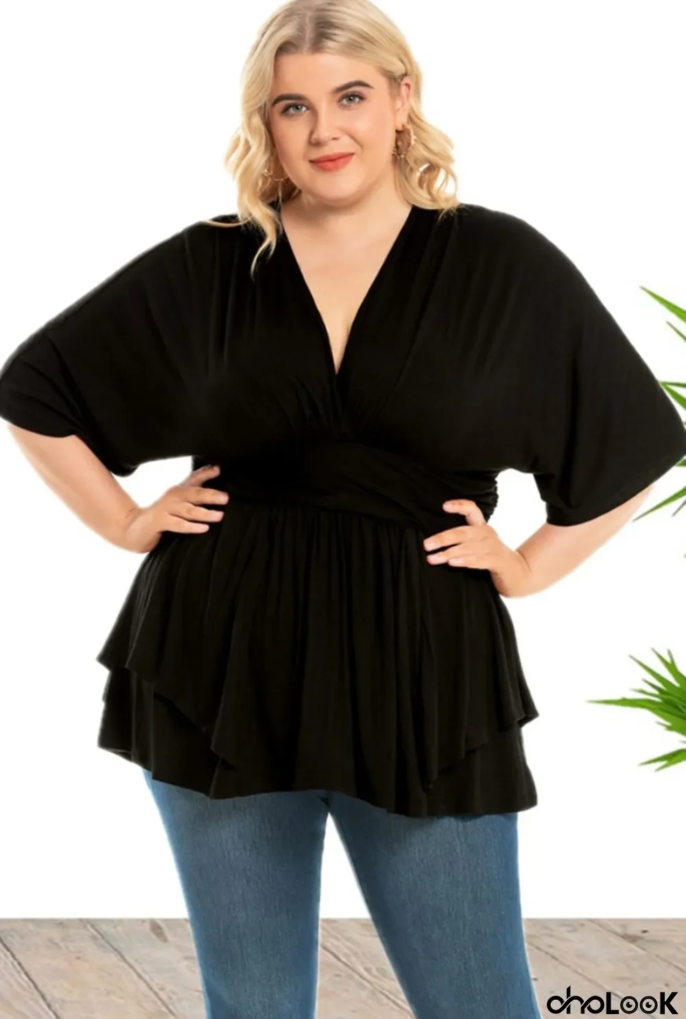 Autumn Plus Size Black Half Sleeve V-neck Flare Blouse