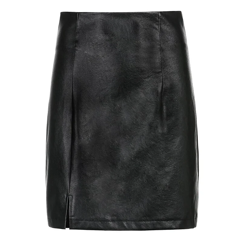 Black Split Mini Black Leather Skirt Women Korean Fashion High-waisted Punk Style Bodycon Goth  Skirts Female 2023  Iamhotty