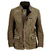 Men Vintage Stand Collar Suede Blazer Side Zip Fly Contrast Leather Webbing Medium Length Jacket Coats by Inlyline